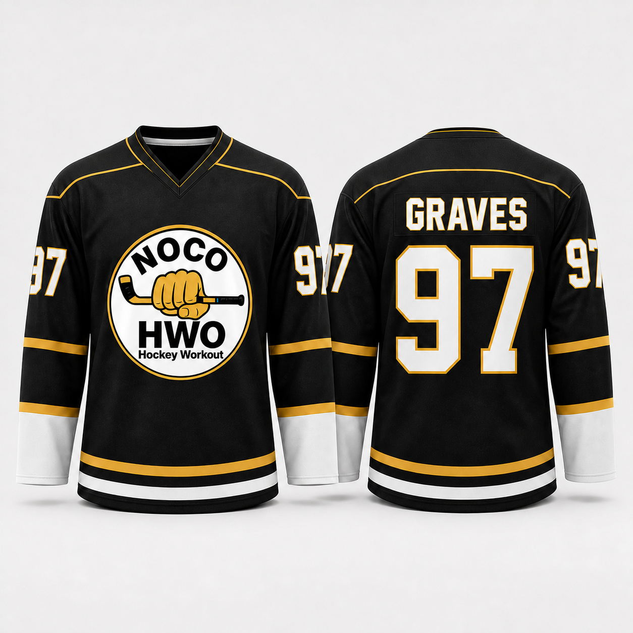 Black NOCO HWO custom hockey practice jersey with black shoulders