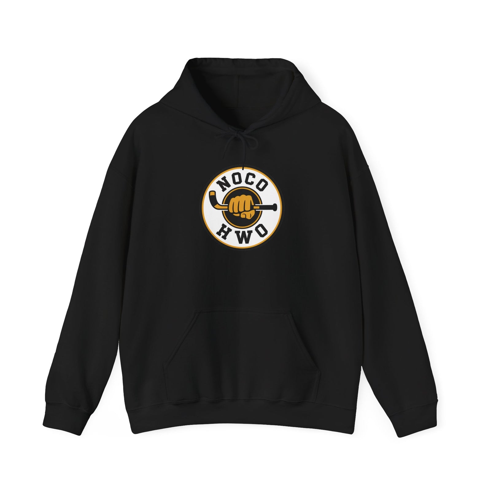 Black NOCO HWO Classic Crest Hoodie with a large circular logo on the front