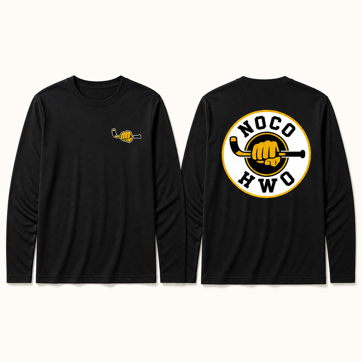 Black NOCO HWO Hockey Workout Long-Sleeve T-Shirt shown from the front and back