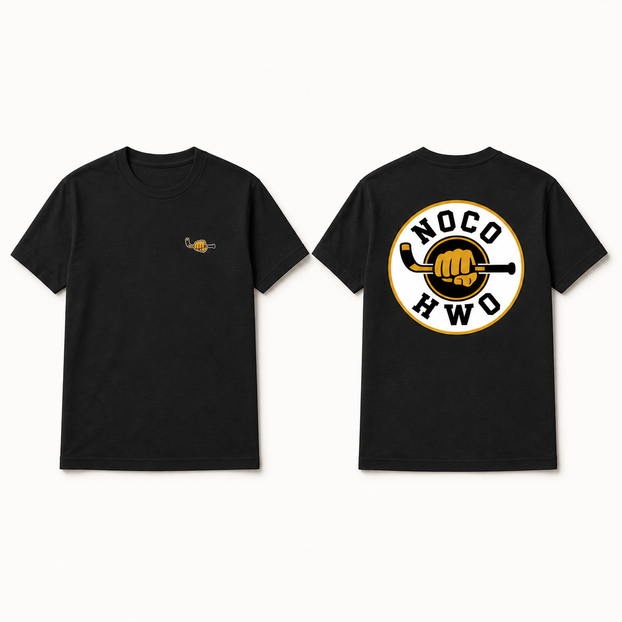 Front and back of the black NOCO HWO Hockey Workout T-Shirt