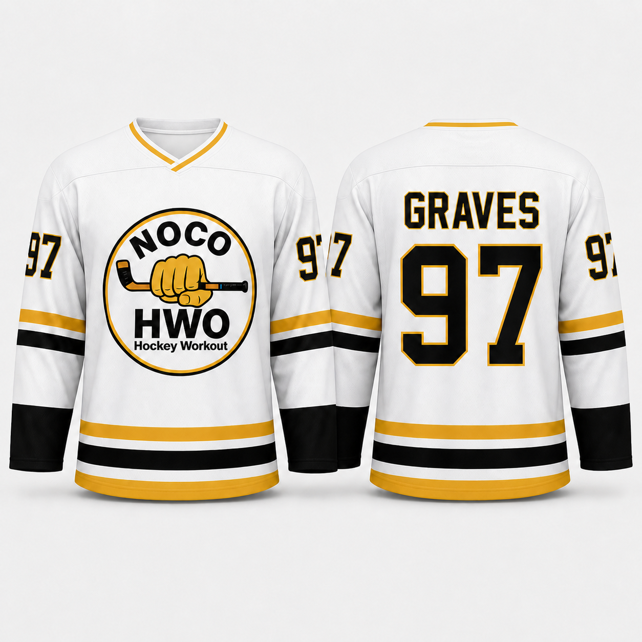 White NOCO HWO custom hockey practice jersey with white shoulders