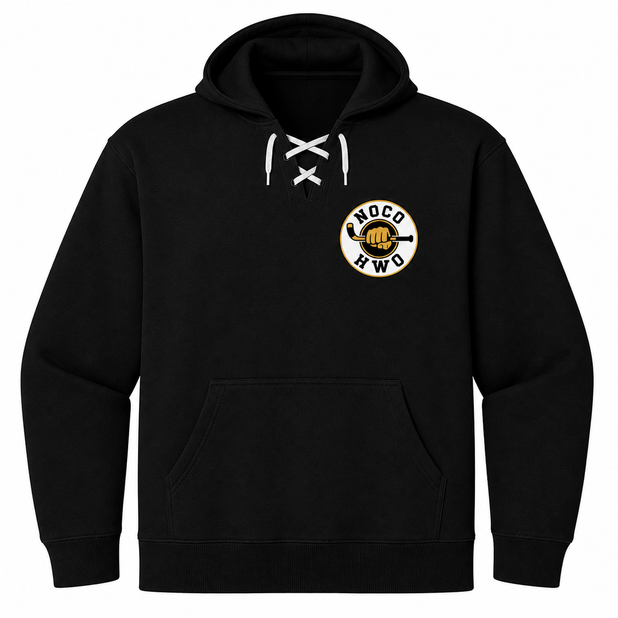 Black NOCO HWO Lace-Up Hockey Hoodie with white hockey laces and a large front crest